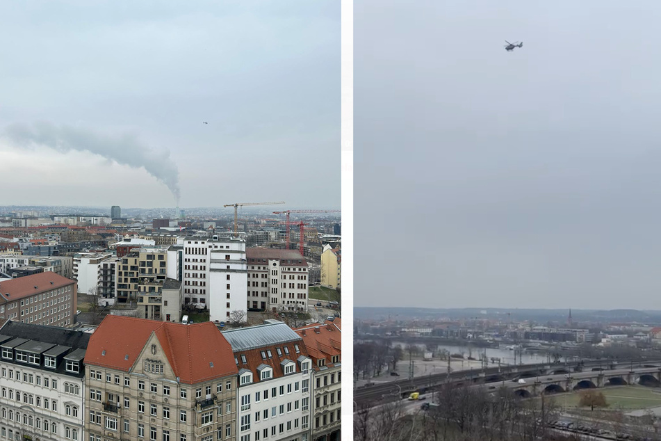 Der Hubschrauber der Polizei ist zur Vorbereitung für den Einsatz am Gedenktag des 13. Februar in der Luft gewesen.