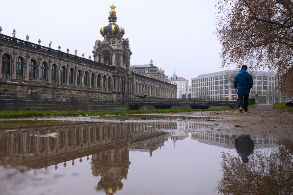 Der Dresdner Zwinger spiegelt sich in einer Pfütze. Viele Menschen sind am Montag in Dresden nicht unterwegs.