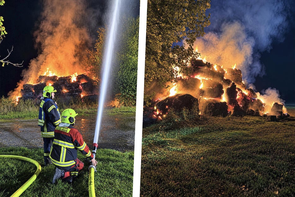 Im Kyffhäuserkreis stehen seit etwa 3 Uhr rund 500 Strohballen in Flammen.