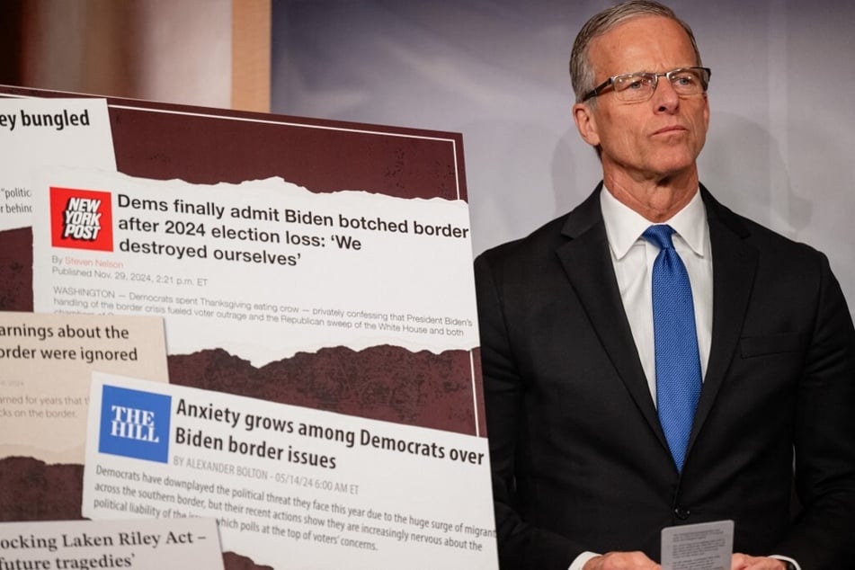 Senate Majority Leader John Thune waits to speak during a press conference discussing the Laken Riley Act at the US Capitol on January 9, 2025.