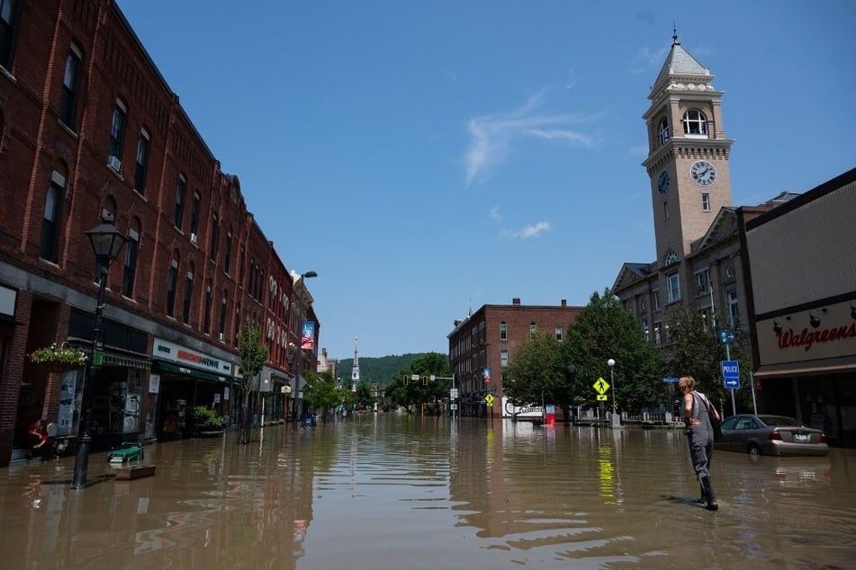 Main Street in Montpelier, Vermont, is shown inundated with flood waters in July 2023.