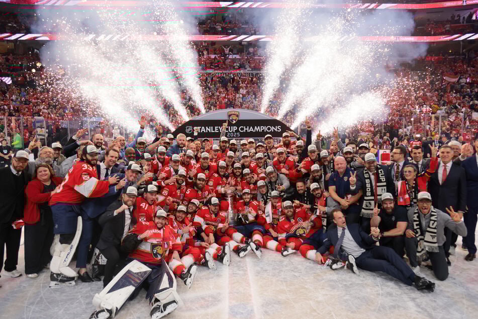 The Florida Panthers celebrate after winning game six of the 2025 Stanley Cup Final against the Edmonton Oilers at Amerant Bank Arena.
