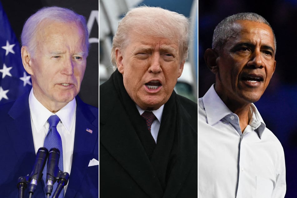 Donald Trump (c.) took swipes at his Democratic predecessors Joe Biden (l.) and Barack Obama with insult-laden plaques added to portraits of the former presidents.