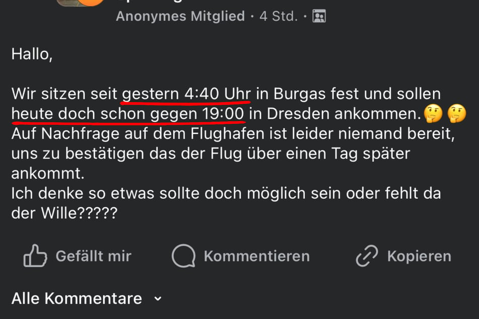 Auf Facebook bat ein verzweifelter Reisender um Informationen zum Flug. Zu diesem Zeitpunkt war er noch in Burgas.