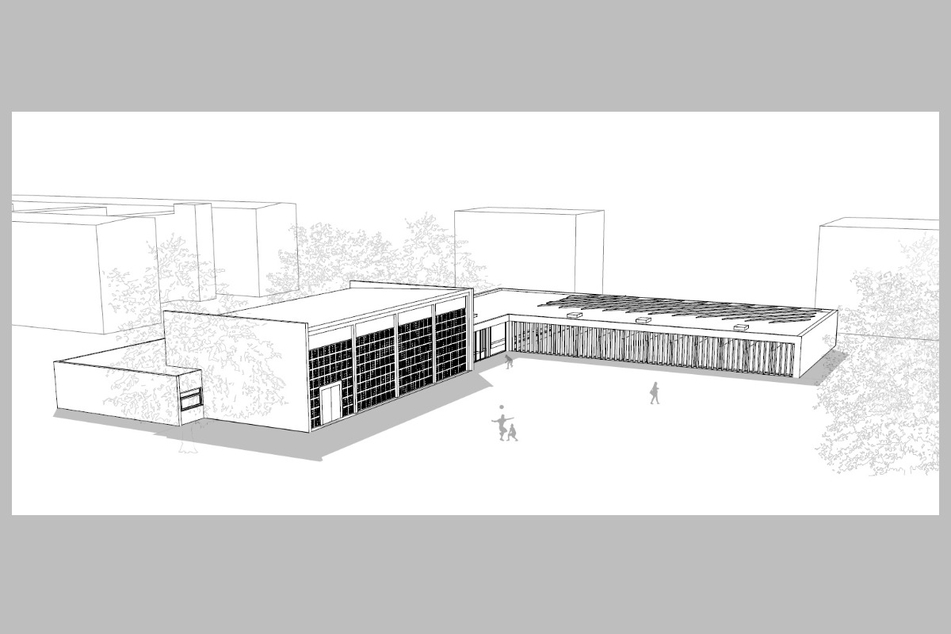 Visualisierung der geplanten Einfeld-Sporthalle auf dem Gelände der 49. Grundschule in Plauen.