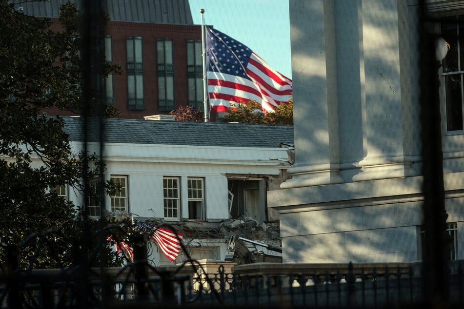 The facade of the East Wing of the White House is demolished by work crews on October 20, 2025.