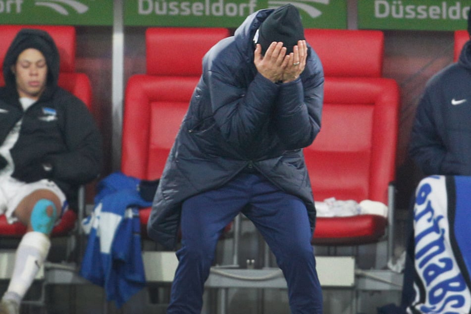 Ex-Hertha-Trainer Cristian Fiél verzweifelt an der Seitenlinie.