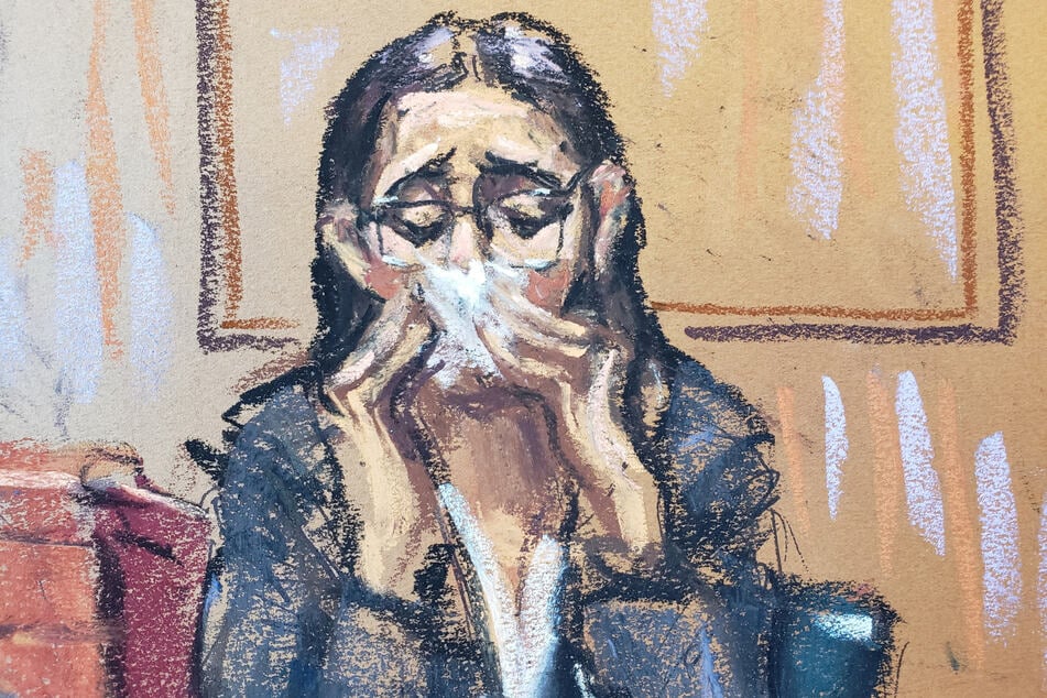 A courtroom sketch depicts Caroline Ellison as she is questioned by Assistant US Attorney Danielle Sassoon during Sam Bankman-Fried's fraud trial.