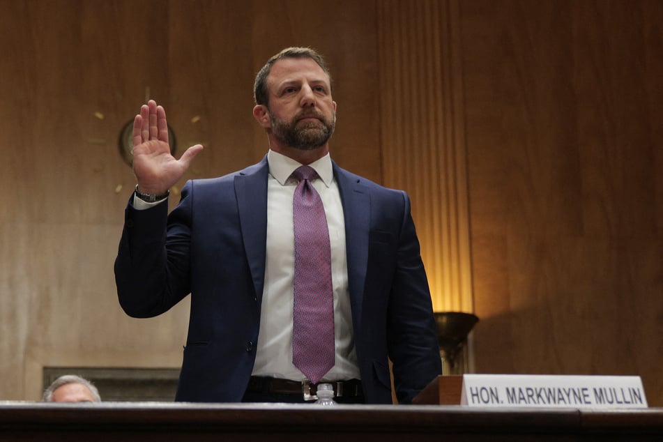 Markwayne Mullin is sworn in as he testifies during a confirmation hearing to be the next Secretary of the Department of Homeland Security in Washington DC on March 18, 2026.