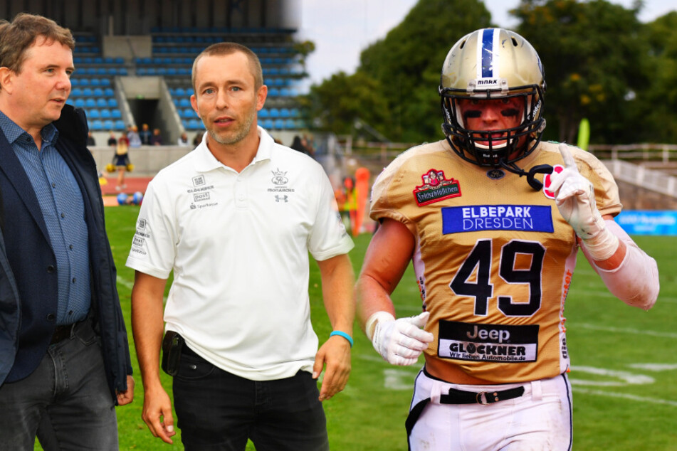 Das Gesicht frei! Noch sehen die Helmvisiere von A.J. Wentland (r.) & Co. so aus, das könnte sich mit Beginn der neuen GFL-Saison aber ändern. Geschäftsführer Jörg Dreßler (M.) weiß noch nicht, wie genau die kommende Saison vonstattengehen wird.