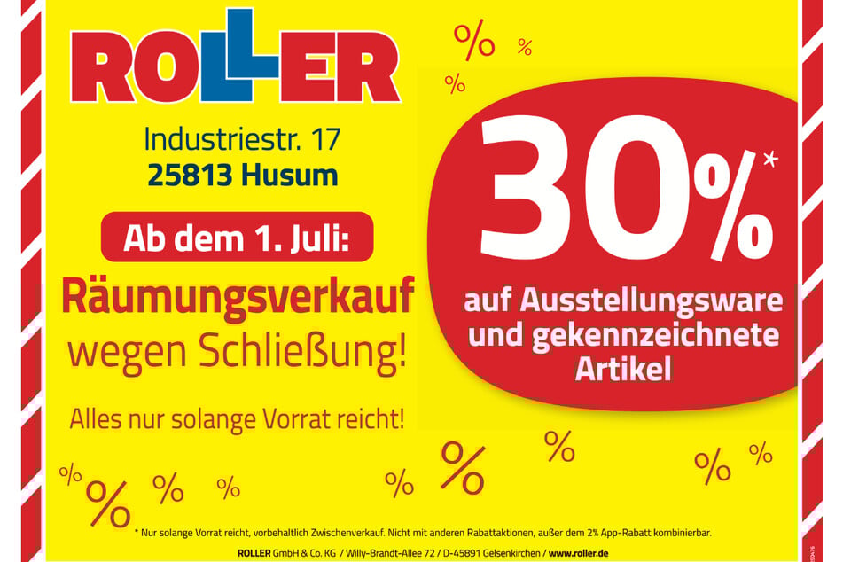 Während des Räumungsverkaufs bei ROLLER in Husum warten jetzt exklusiv 30 Prozent Rabatt¹ beim Möbelkauf.