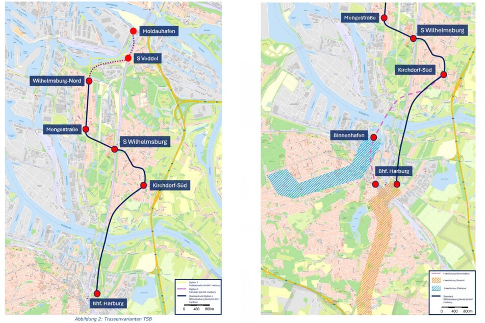 Beide Karten zeigen den möglichen Verlauf der Magnetschwebebahn im Hamburger Süden. Auf der rechten Grafik sind die möglichen Erweiterungen eingezeichnet.