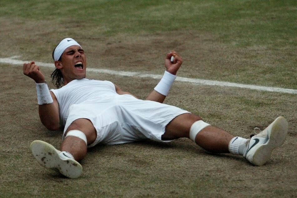 Rafael Nadal of Spain reacts after winning his finals match against Roger Federer of Switzerland at the 2008 Wimbledon tennis championships in London.