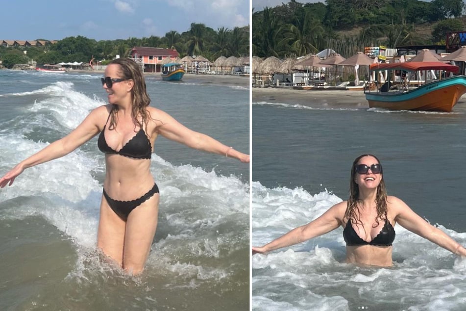 Ungewohnt: Katja Burkard (57) präsentiert sich ungeschminkt und knapp bekleidetet im Meer.