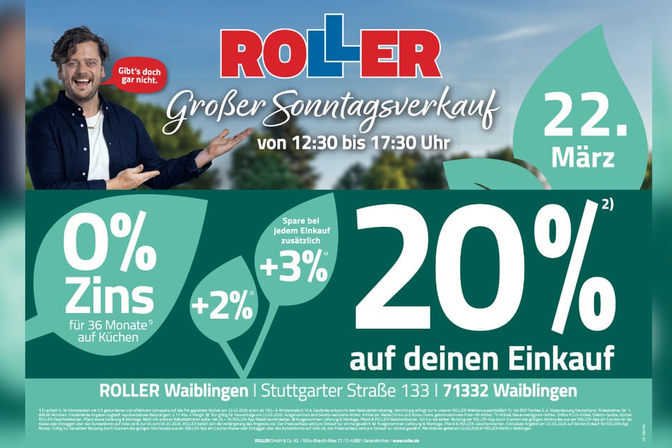 Der verkaufsoffene Sonntag (22.3.) bei ROLLER in Waiblingen steigt von 12:30 bis 17:30 Uhr.