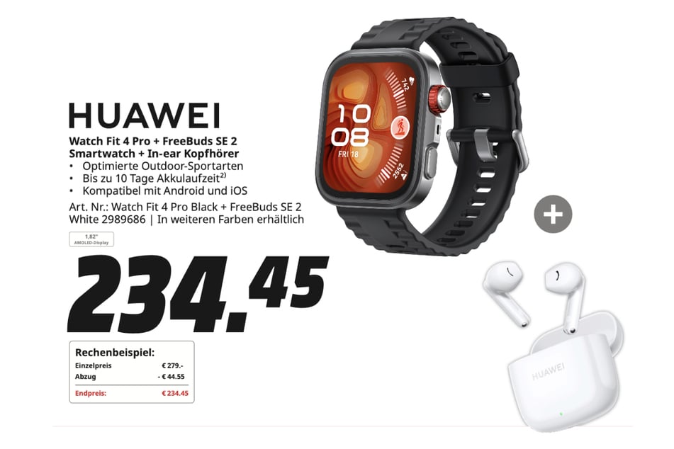 Huawei-Smartwatch Fit 4 Pro PLUS Freebuds SE 2 für 234,45 Euro.