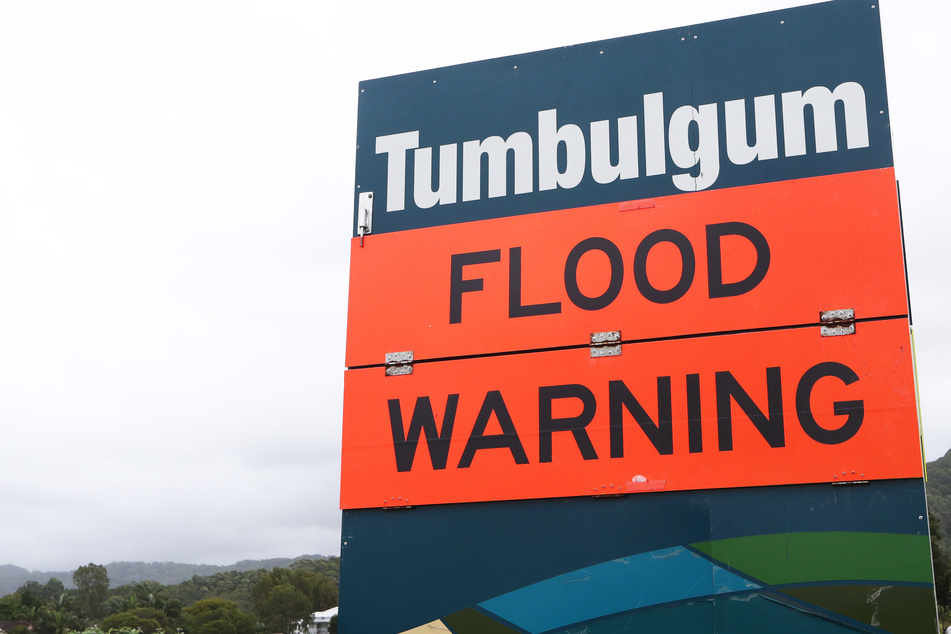 Ein Hochwasserschild im australischen Tumbulgum.