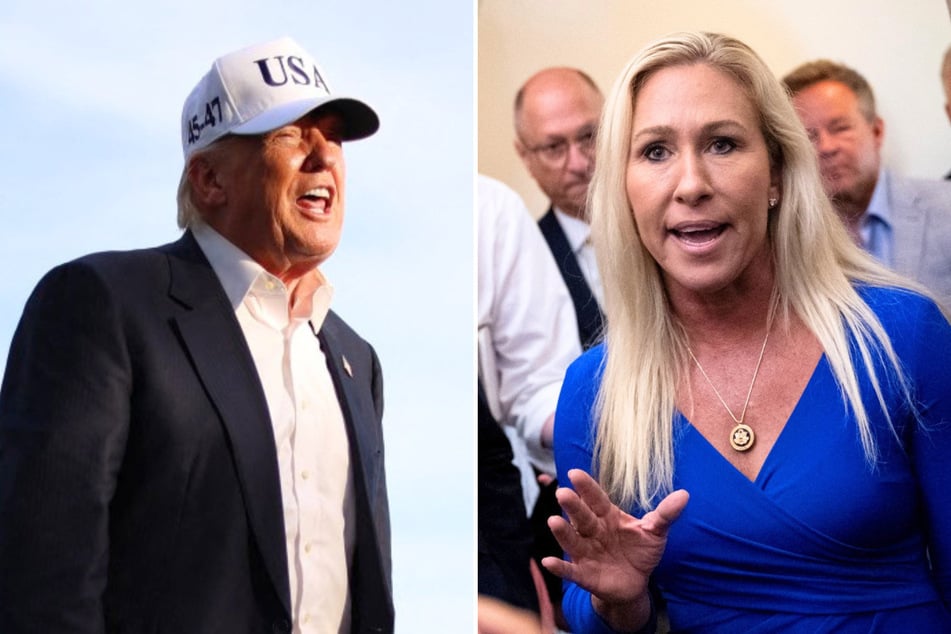 In a recent social media post, Marjorie Taylor Greene warned of a "political revolution" if Donald Trump (l.) puts US troops on the ground in Iran.