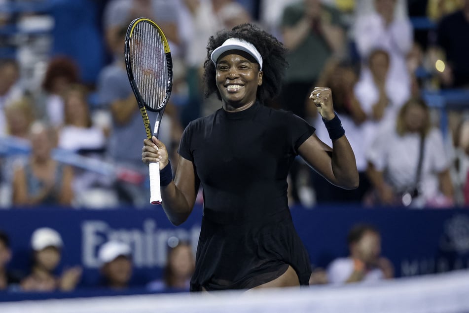 Venus Williams celebrates after winning a women's single match against Peyton Stearns (not pictured) on day 2 of the Mubadala Citi DC Open 2025 at William H.G. FitzGerald Tennis Center on July 22, 2025.