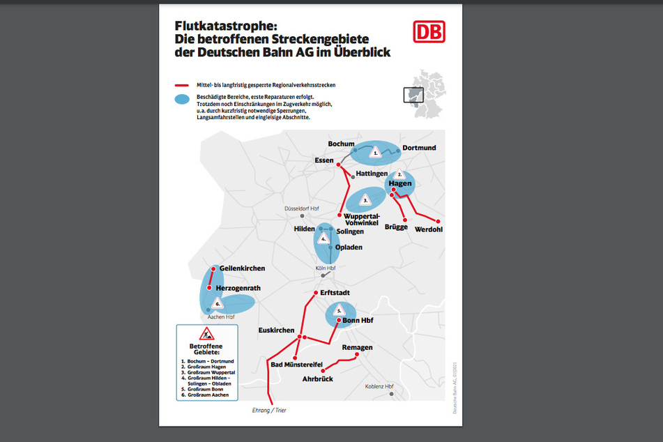 Ein Überblick über zerstörten oder beschädigten Strecken der Bahn in NRW und Rheinland-Pfalz.