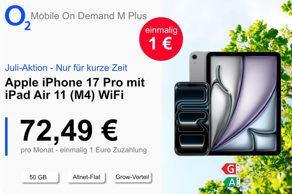 Das iPhone 17 Pro mit iPad Air 11 (M4)) und 50 GB Daten für einmalig nur 1 Euro bei o2.