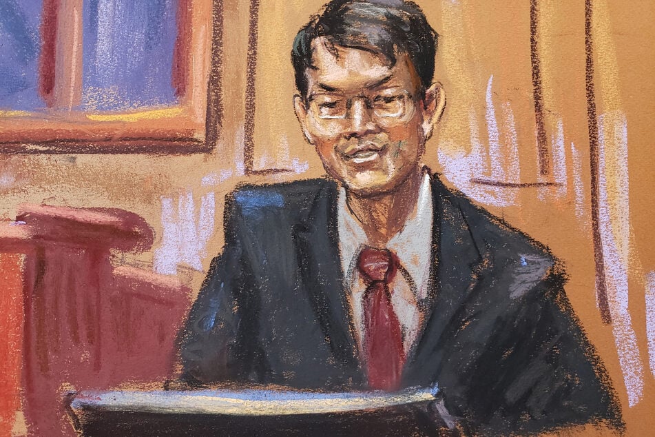 A courtroom sketch shows Gary Wang testifying during the fraud trial of Sam Bankman-Fried over the collapse of FTX, the bankrupt cryptocurrency exchange, at a federal court in New York City, on October 6, 2023.