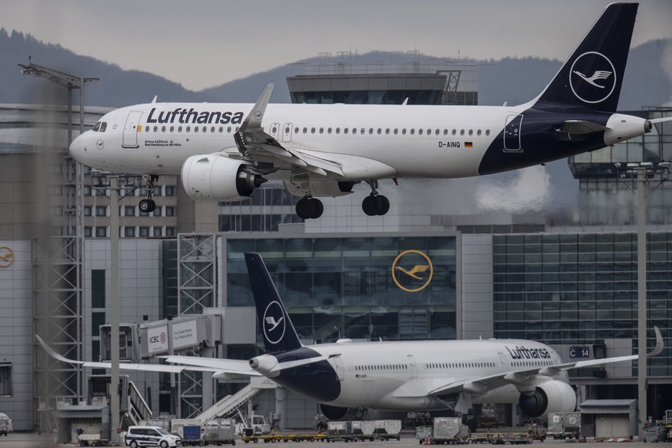 Eine Passagiermaschine der Lufthansa landet auf dem Flughafen in Frankfurt am Main.