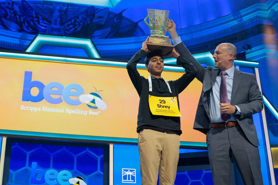 California teen Shrey Parikh (l) wins the 2026 Scripps National Spelling Bee.