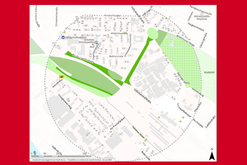 Diese Grafik zeigt den Evakuierungsbereich rund um den Fundort der Weltkriegsbombe in Hanau.