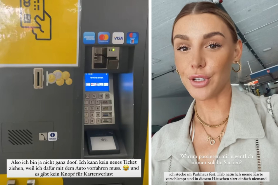 Gerda Lewis (28) sucht verzweifelt nach einem Ausweg, doch der Park-Automat hat keine passende Taste. (Fotomontage)