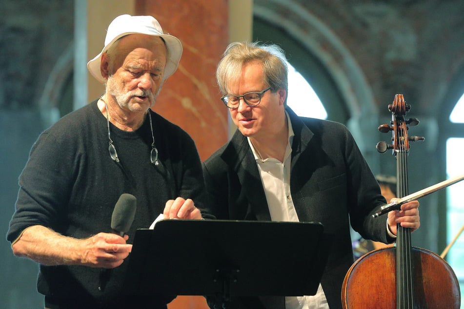Jan Vogler (62, r.) und Bill Murray (75) am Samstag im Palais im Großen Garten, wo es einen Vorgeschmack auf das Finalkonzert zu erleben gab.