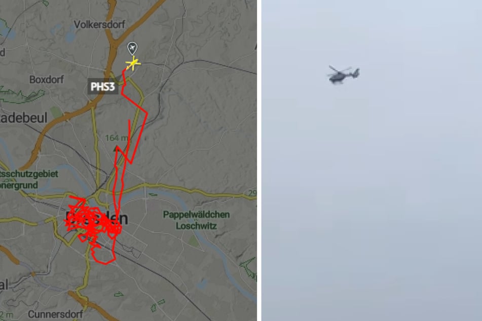 Auf Flightradar24 konnte man die mehrfache Umkreisung des Dresdner Stadtgebiets durch den Helikopter beobachten.