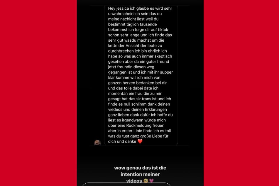 Der Screenshot zeigt die Fan-Nachricht, welche Jessica Delion (24) am Montagabend in ihren Instagram-Storys veröffentlichte.