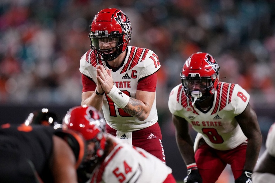 Devin Leary of the North Carolina State Wolfpack calls for the ball during the game against the Miami Hurricanes during the second half at Hard Rock Stadium.