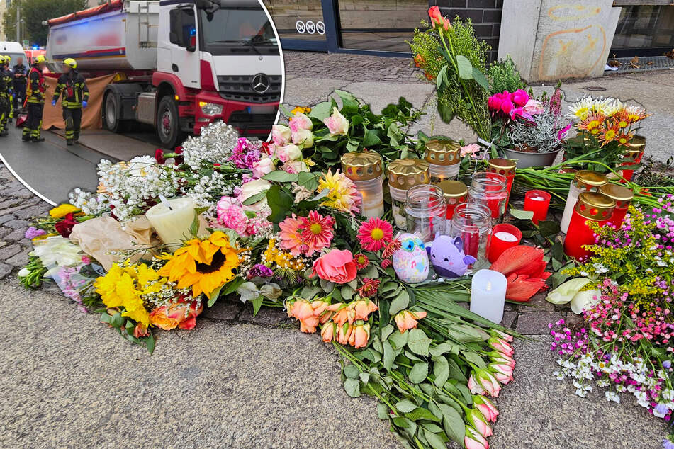 Leipzig: Radlerin (†20) von Kipplaster totgefahren: Blumen und Kerzen vor Bäckerei niedergelegt