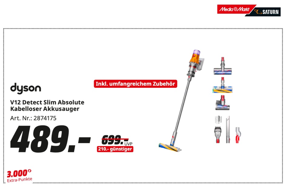 Dyson-Stielsauger für 489 statt 699 Euro.