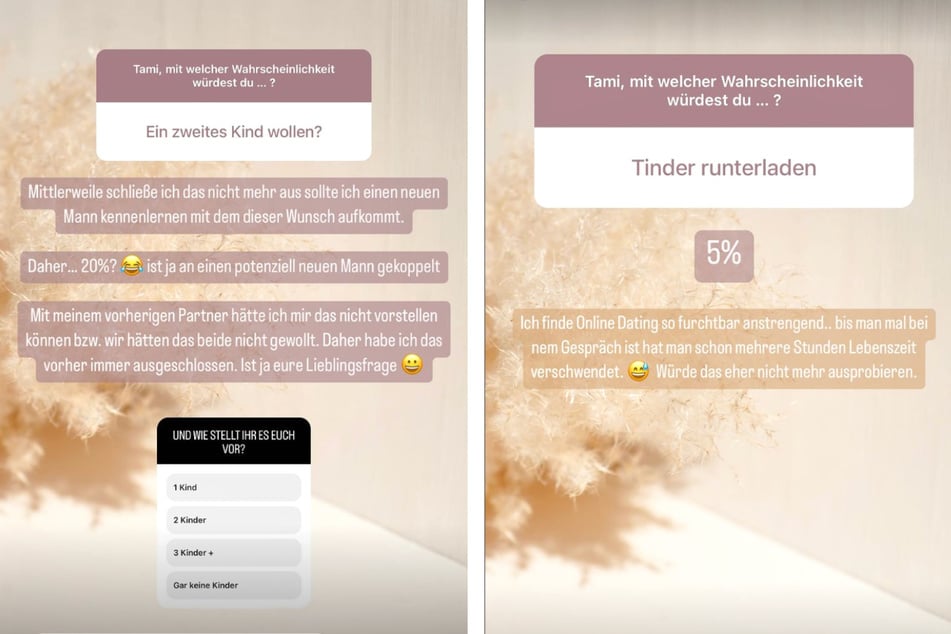 In einem Q&amp;A auf Instagram kam Tami Tilgner auf ein etwaiges zweites Kind und ihrer Einstellung zu Online-Dating zu sprechen.
