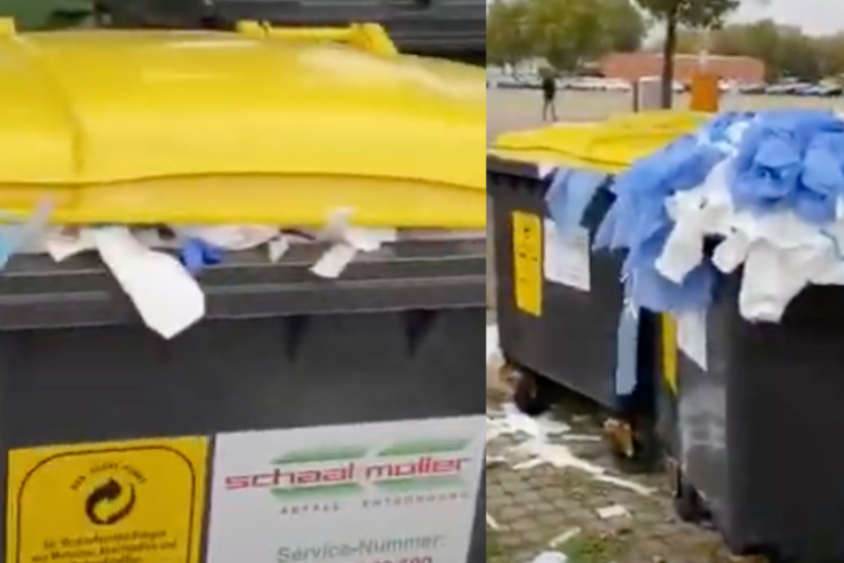Ein Video zeigt überfüllte Mülltonnen und angeblicher kontaminierter Abfall auf dem Boden.