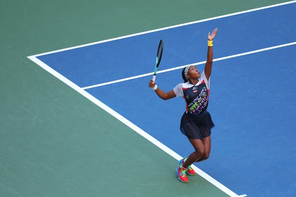Coco Gauff serves against Madison Keys during their Women's Singles Third Round match on Day Five of the 2022 US Open at USTA Billie Jean King National Tennis Center.