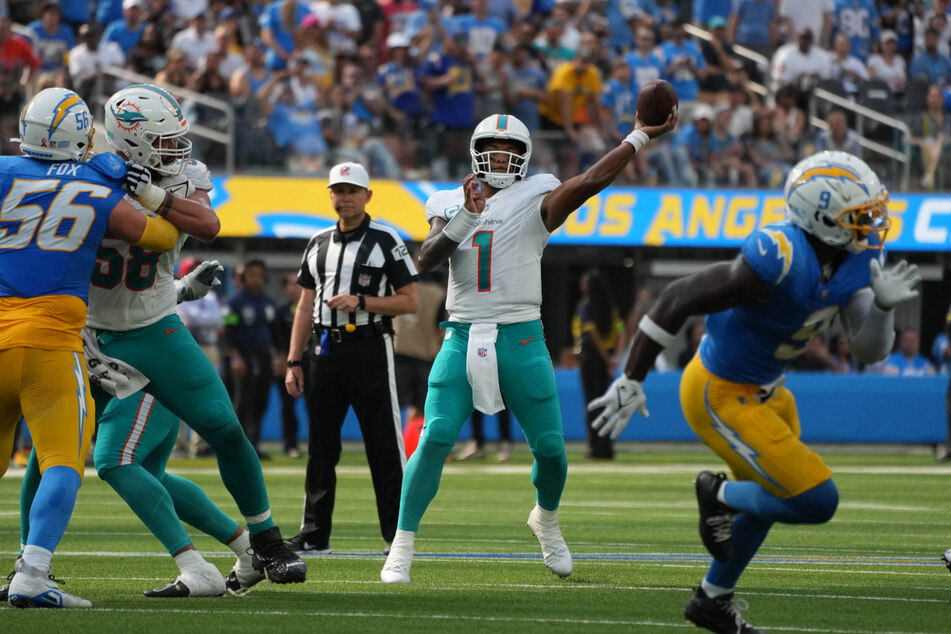 Miami Dolphins quarterback Tua Tagovailoa throws the ball against the Los Angeles Chargers in the second half at SoFi Stadium.