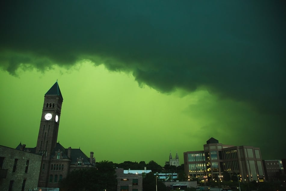 South Dakota skies turned an eerie green color as a powerful derecho storm swept through the state in a wild event on Tuesday afternoon.