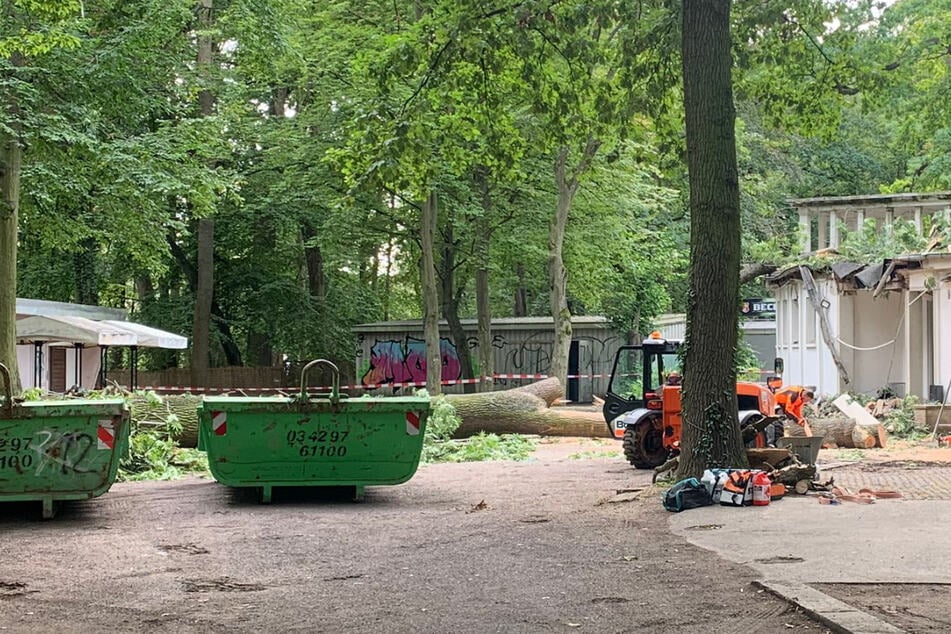 Am Nachmittag liefen bereits die Aufräumarbeiten an der Parkbühne. Offenbar aufgrund starken Windes war ein Baum auf das Gebäude gestürzt.