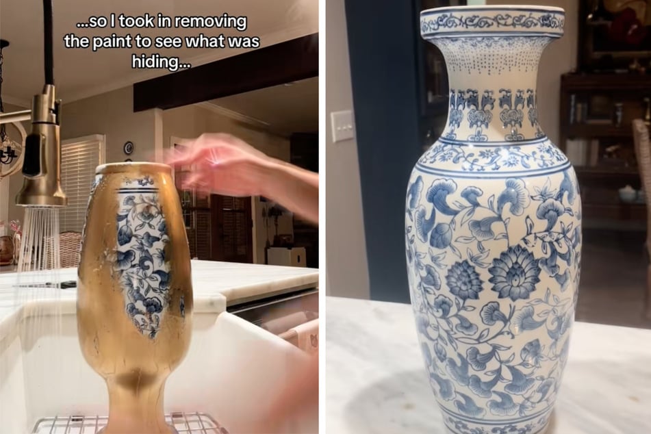 Hinter der einst goldfarbenen Vintage-Vase verbirgt sich ein wahrer Hingucker.