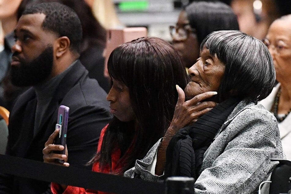 Lessie Benningfield Randle listens as US President Joe Biden speaks during a commemoration of the 100th anniversary of the Tulsa Race Massacre at the Greenwood Cultural Center.