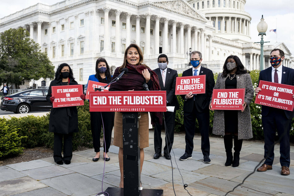 Democratic representatives, led by Veronica Escobar of Texas (c.), held a press conference in April about ending the Senate filibuster.