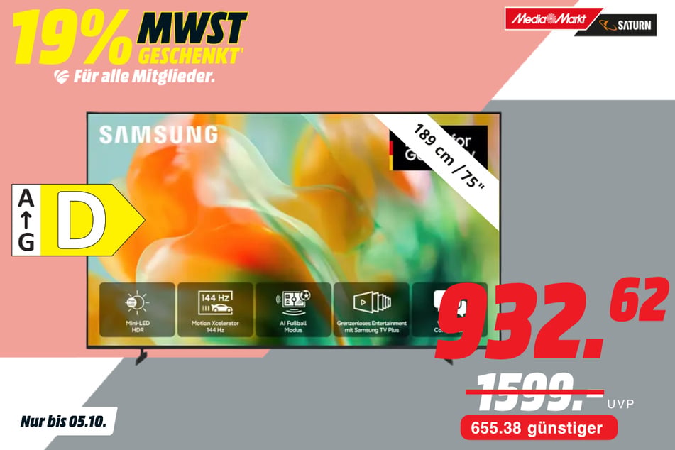 75-Zoll Samsung-Fernseher GU75M80H für 933,62 statt 1.599 Euro.