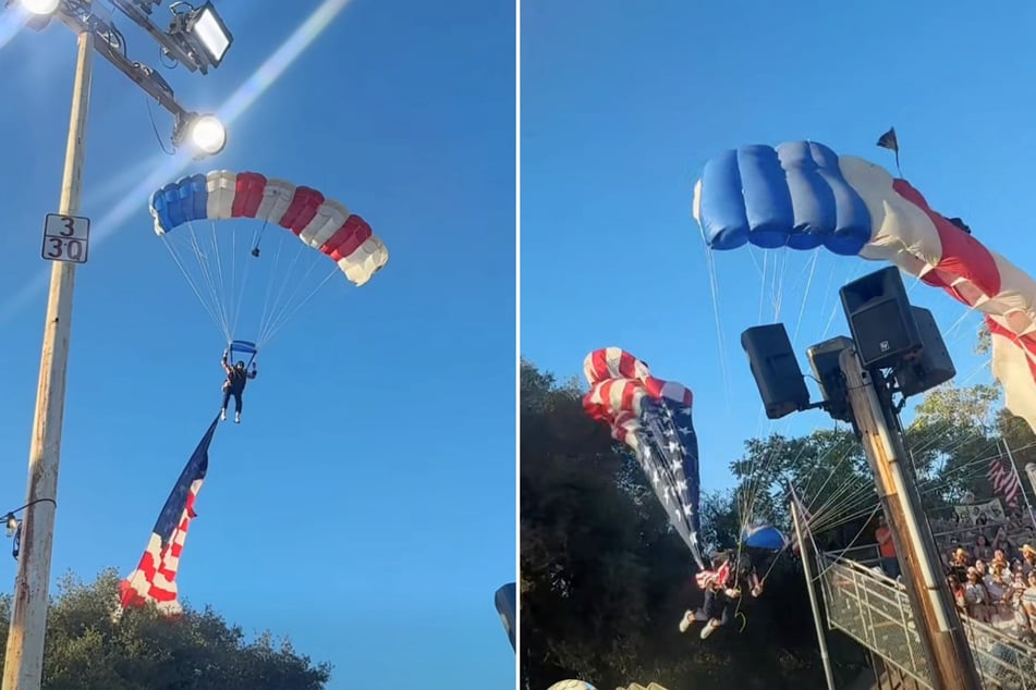 Der Fallschirmspringer Ross verfing sich mit seiner US-Fahne in einer Baumkrone …