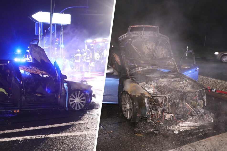 Unfall A17: Feuerwehreinsatz an A17: Audi direkt in Auffahrt abgefackelt