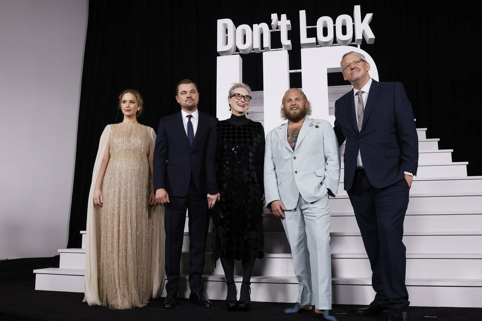 (From l. to r.) Jennifer Lawrence, Leonardo DiCaprio, Meryl Streep, Jonah Hill and director Adam McKay at the premiere of Netflix's Don't Look Up at the Jazz at Lincoln Center in December.