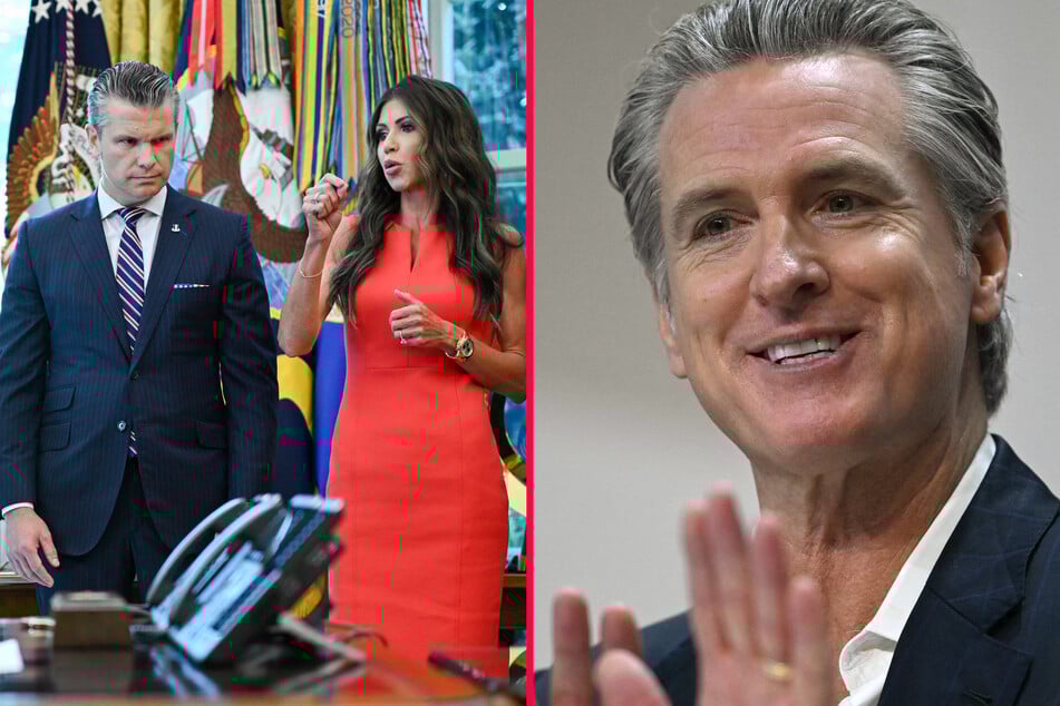California Governor Gavin Newsom (r.) slammed both Homeland Security Secretary Kristi Noem and Defense Secretary Pete Hegseth (l.) for their performances during a cabinet meeting.